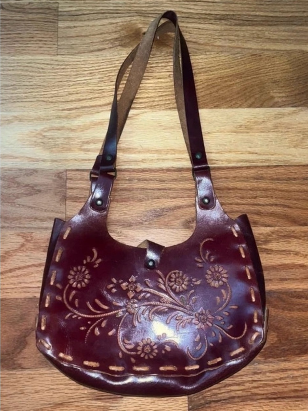 Hand-Tooled Floral Leather Shoulder Bag - Dark Brown